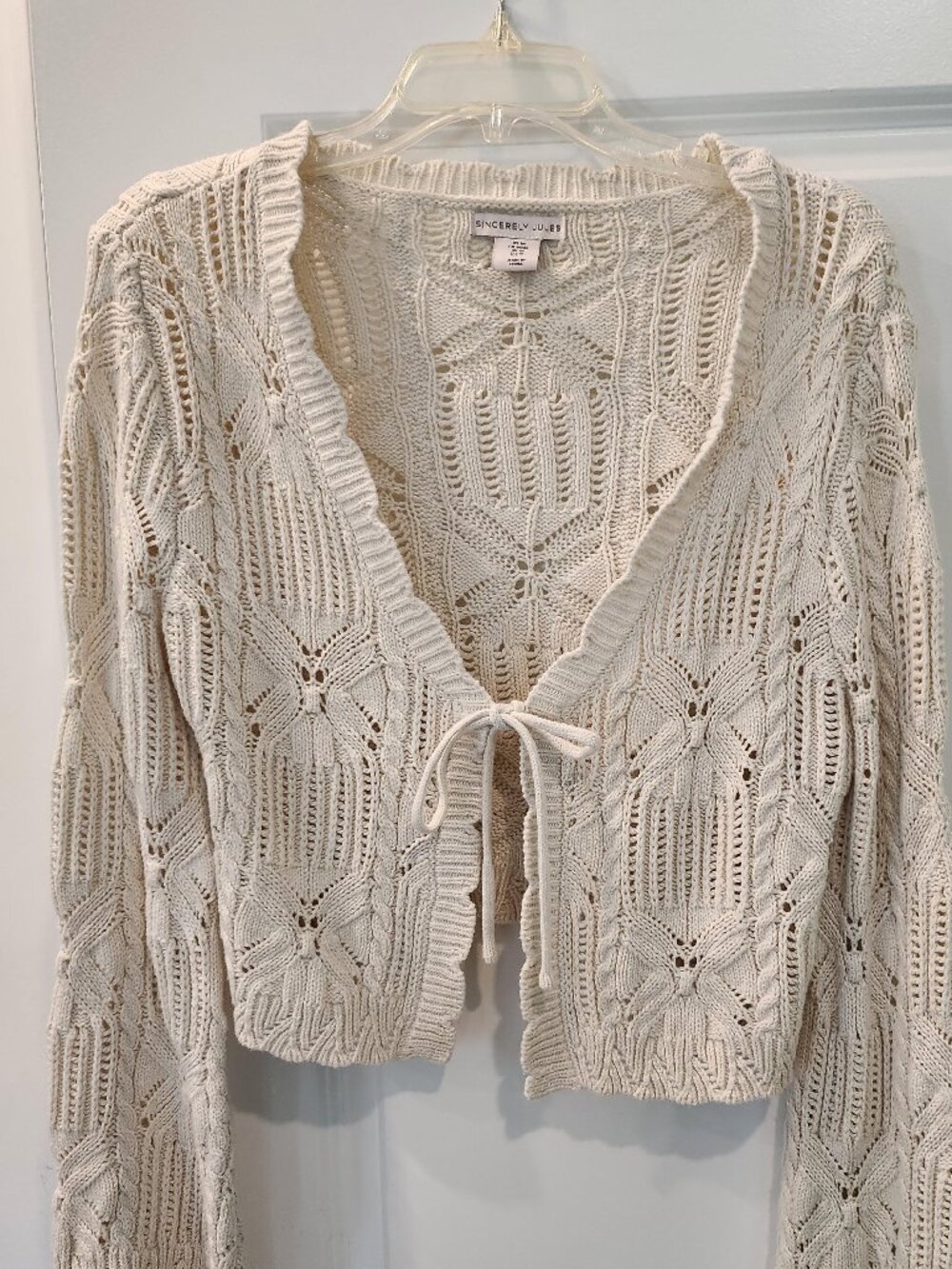 Sincerely Jules Cream Tie Front Open Knit Cropped Bell Sleeve Cardigan Sweater M